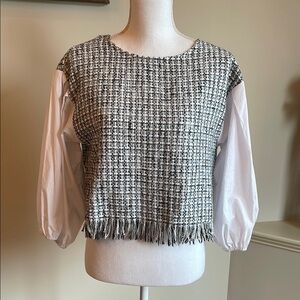 Riley & Rae Tweed Blouse Top W/ White Sleeves & Fringe Bottom